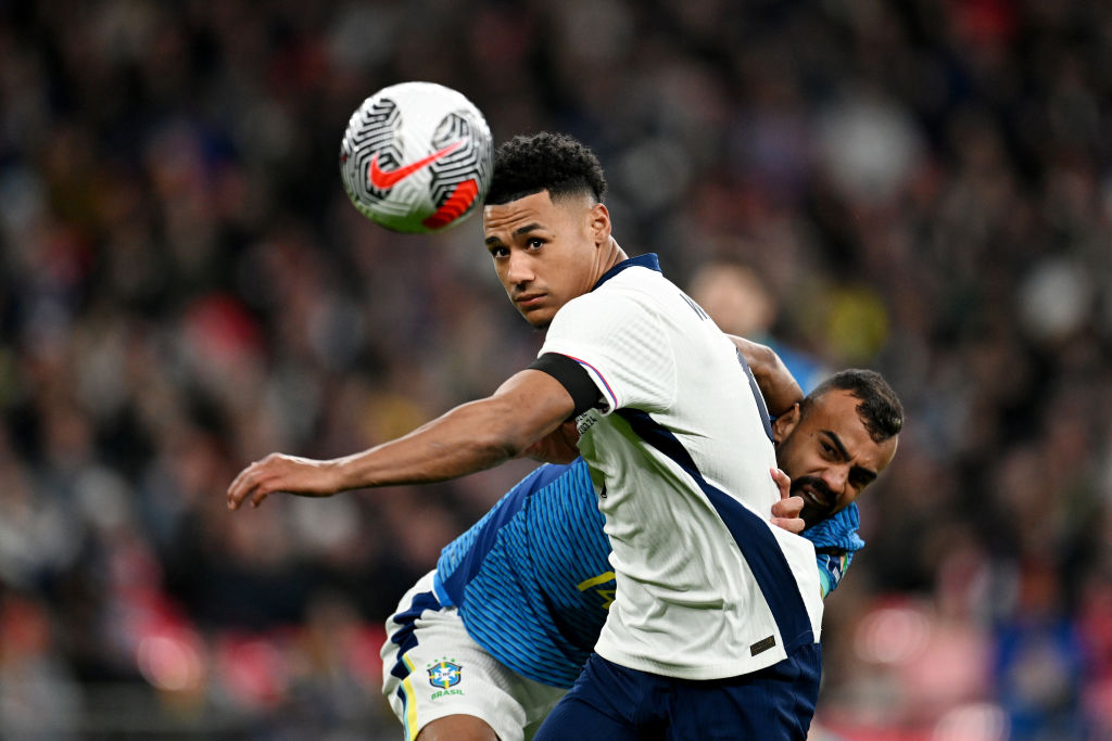 LONDON, ENGLAND - MARCH 23: Ollie Watkins of England battles for possession with Fabricio Bruno of Brazil during the international friendly match between England and Brazil at Wembley Stadium on March 23, 2024 in London, England. (Photo by Michael Regan - The FA/The FA via Getty Images)