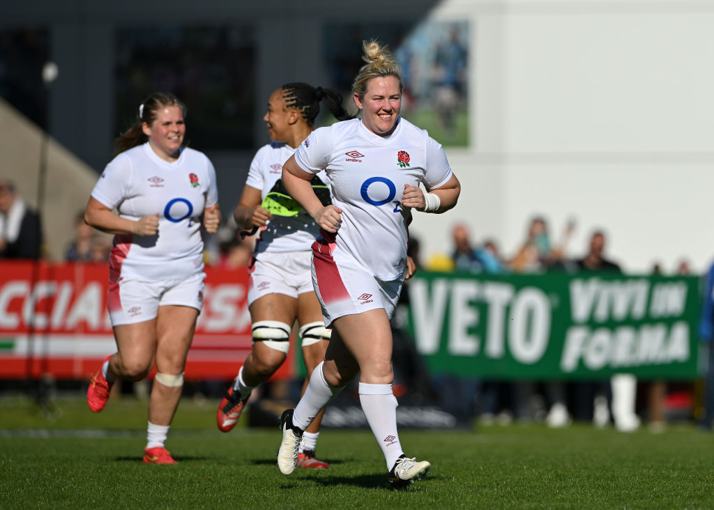 PARMA, ITALY - MARCH 24: Marlie Packer of England enters the pitch to make her 100th appearance during the Guinness Women's Six Nations 2024 match between Italy and England at Stadio Sergio Lanfranchi on March 24, 2024 in Parma, Italy. (Photo by Chris Ricco - RFU/The RFU Collection via Getty Images)