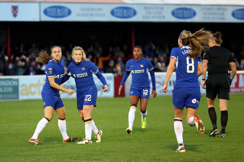 DAGENHAM, ENGLAND - MARCH 24: Erin Cuthbert of Chelsea celebrates with Guro Reiten of Chelsea after scoring her team's second goal during the Barclays Women's Super League match between West Ham United and Chelsea FC at Chigwell Construction Stadium on March 24, 2024 in Dagenham, England. (Photo by Andrew Redington/Getty Images)