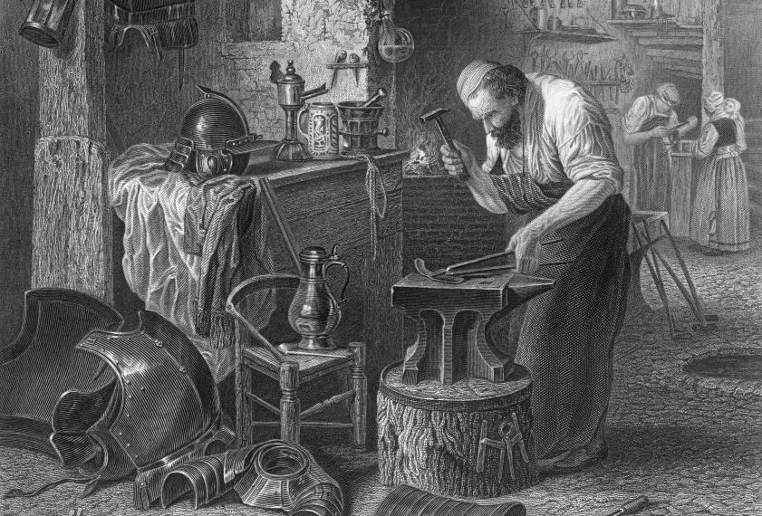 Circa 1600, An armourer hammers away at a metal plate in his, ahem, workshop. Original Artwork: Engraved by J Godfrey after H Leys. (Photo by Hulton Archive/Getty Images)