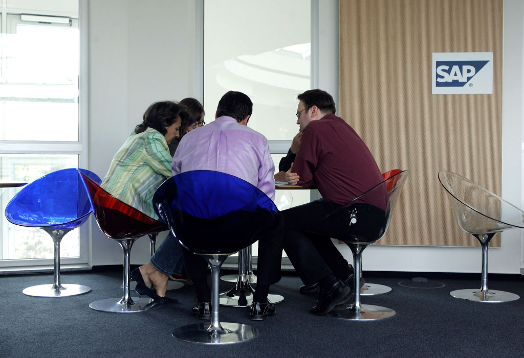 MANNHEIM, GERMANY - MAY 11: Employees of German software giant SAP hold a meeting in the companies headquarter on May 11, 2005 in Mannheim, Germany. SAP will hold their general shareholder?s meeting on Thursday, May 12, 2005. (Photo by Ralph Orlowski/Getty Images)