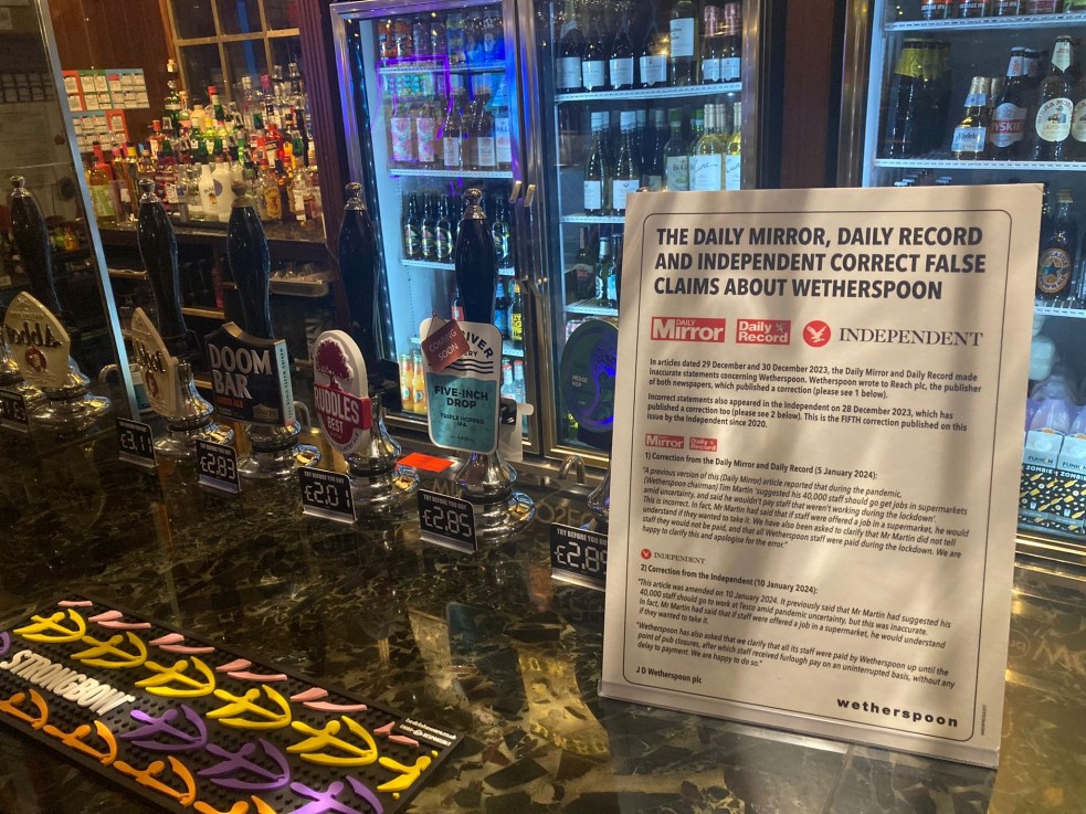 Notice put up in Spoons' more than 800 pubs, noting corrections made by a number of publications.