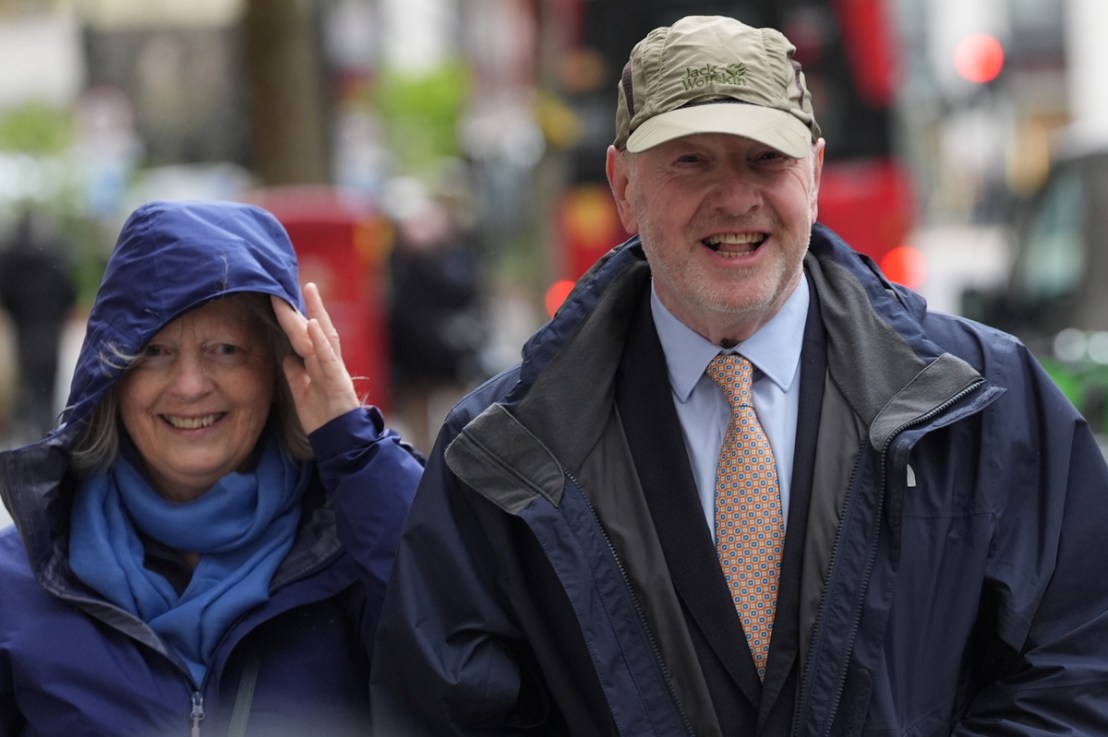 Former subpostmaster and lead campaigner Alan Bates, accompanied by his wife Suzanne Sercombe, arrives at Aldwych House, central London, to give evidence to Post Office Horizon IT inquiry. (Stefan Rousseau/PA Wire)