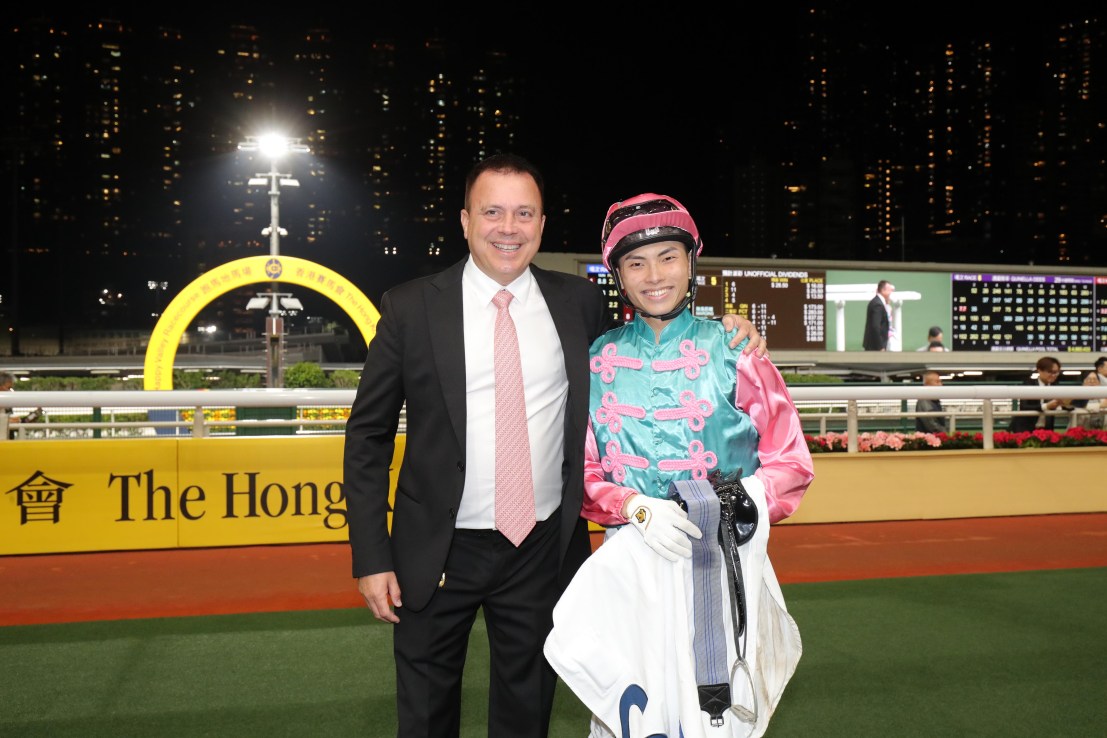 Caspar Fownes (left) and Ellis Wong after Lyrical Motion’s win at Happy Valley in January