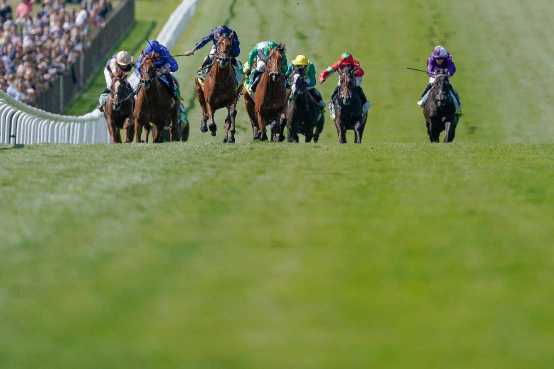 City Of Troy (centre, dark blue silks) leads Haatem (green cap) up the Newmarket hill