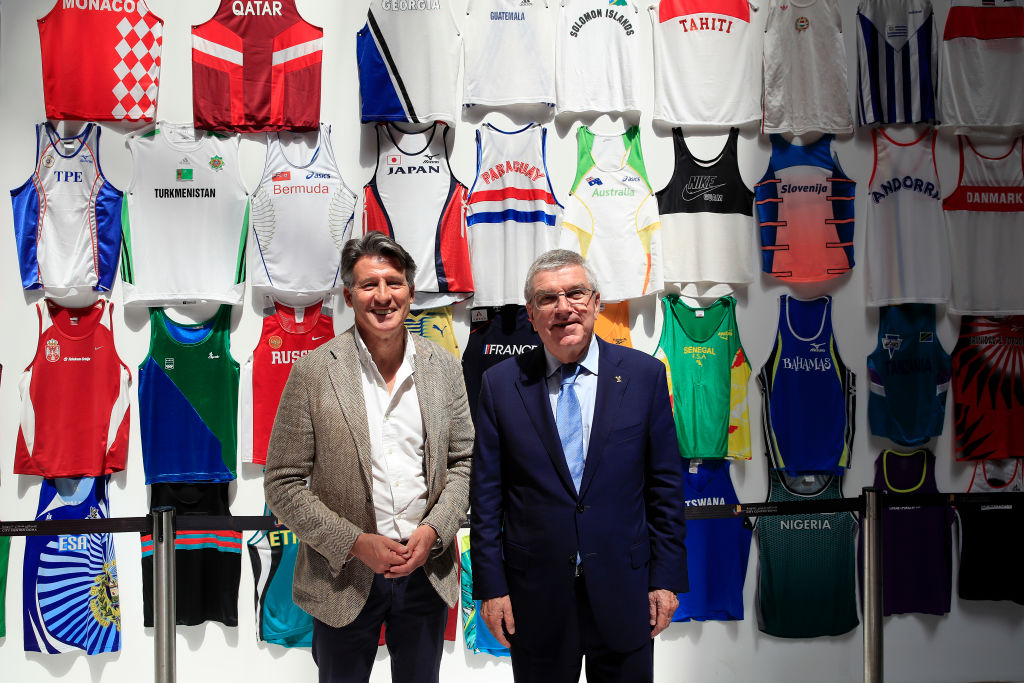 DOHA, QATAR - SEPTEMBER 28: IAAF President Lord Sebastian Coe and President of the International Olympic Committee, Thomas Bach tour the IAAF Heritage Exhibition during day two of 17th IAAF World Athletics Championships Doha 2019 on September 28, 2019 in Doha, Qatar. (Photo by Andy Lyons/Getty Images for IAAF)