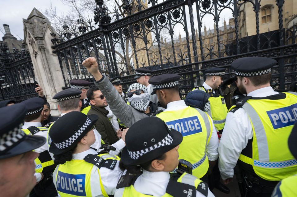 Police cordon-off the area as people march to Downing Street within the Al-Quds (Jerusalem) Day to express support for Palestinians, in London, United Kingdom on April 16, 2023. (Photo by Rasid Necati Aslim/Anadolu Agency via Getty Images)