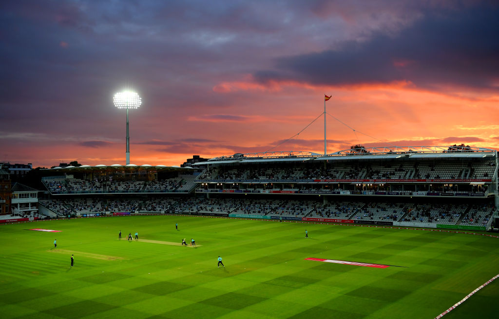 LONDON, ENGLAND - JUNE 10: A general view as the sun sets during the Vitality T20 Blast match between Middlesex and Surrey at Lord's Cricket Ground on June 10, 2021 in London, England. (Photo by Alex Davidson/Getty Images)