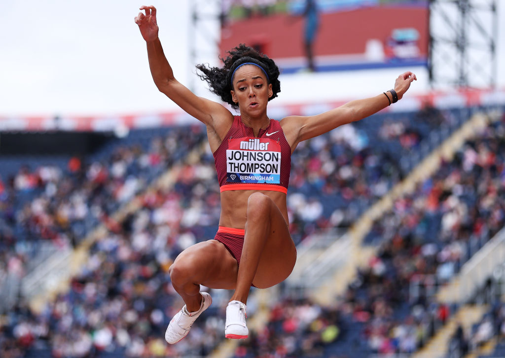 BIRMINGHAM, ENGLAND - MAY 21:  Katarina Johnson-Thompson of Great Britain competes in the Women's Long jump during Muller Birmingham Diamond League, part of the 2022 Diamond League series at Alexander Stadium on May 21, 2022 in Birmingham, England. (Photo by Naomi Baker/Getty Images)