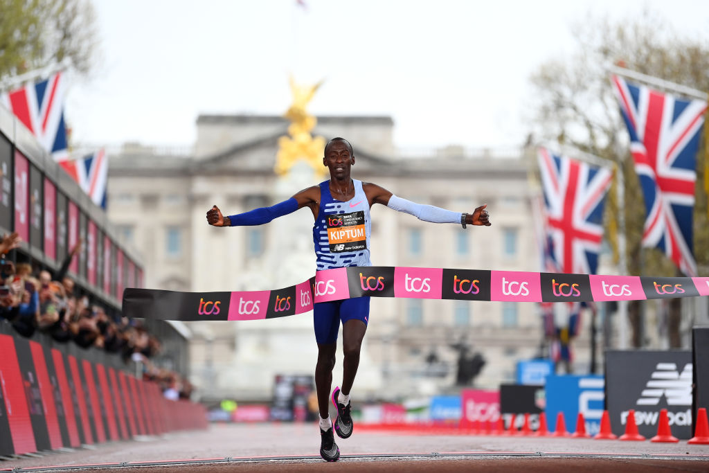 LONDON, ENGLAND - APRIL 23: Kelvin Kiptum of Kenya crosses the finish line to win the Elite Men's Marathon during the 2023 TCS London Marathon on April 23, 2023 in London, England. (Photo by Alex Davidson/Getty Images)