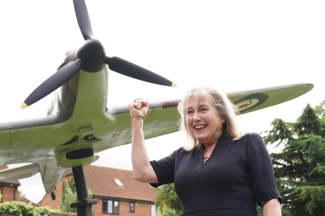LONDON, ENGLAND - JULY 19: Councillor Susan Hall gestures after being named as the Conservative Party candidate for the Mayor of London election in 2024 at the Battle of Britain Bunker in Uxbridge on July 19, 2023 in London, England. (Photo by Stefan Rousseau - Pool/Getty Images)