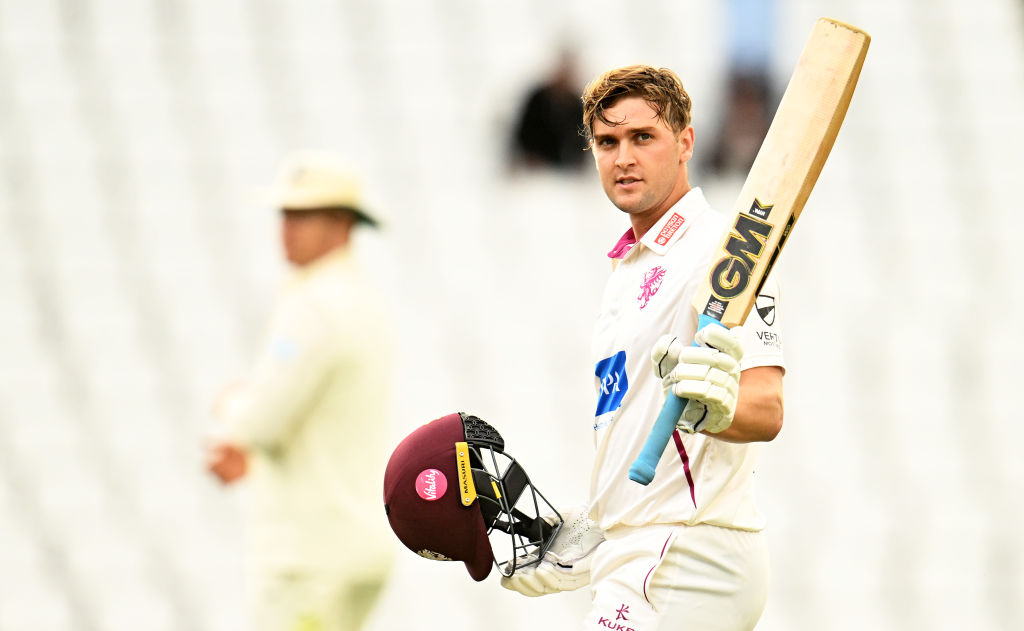 TAUNTON, ENGLAND - SEPTEMBER 19: Tom Lammonby of Somerset celebrates their century during Day One of the LV= Insurance County Championship Division 1 match between Somerset and Kent at The Cooper Associates County Ground on September 19, 2023 in Taunton, England. (Photo by Harry Trump/Getty Images)