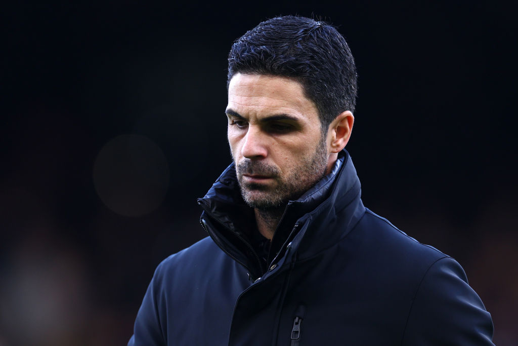 LONDON, ENGLAND - DECEMBER 31: Mikel Arteta of Arsenal looks on prior to the Premier League match between Fulham FC and Arsenal FC at Craven Cottage on December 31, 2023 in London, England. (Photo by Clive Rose/Getty Images)
