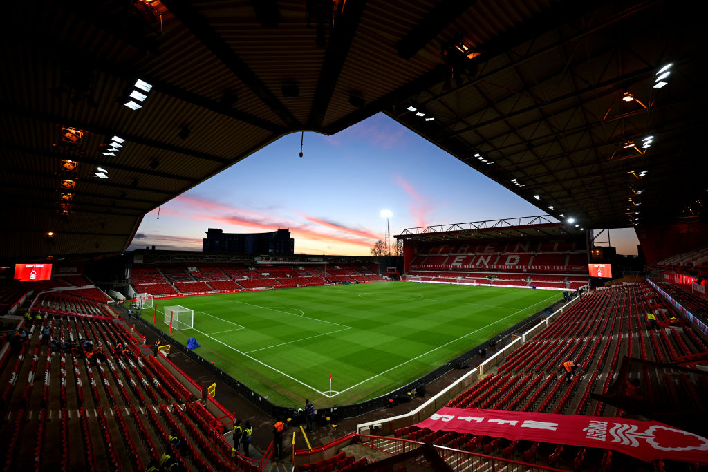 NOTTINGHAM, ENGLAND - JANUARY 30: General view inside the stadium as the sun sets prior to the Premier League match between Nottingham Forest and Arsenal FC at City Ground on January 30, 2024 in Nottingham, England. (Photo by Michael Regan/Getty Images)