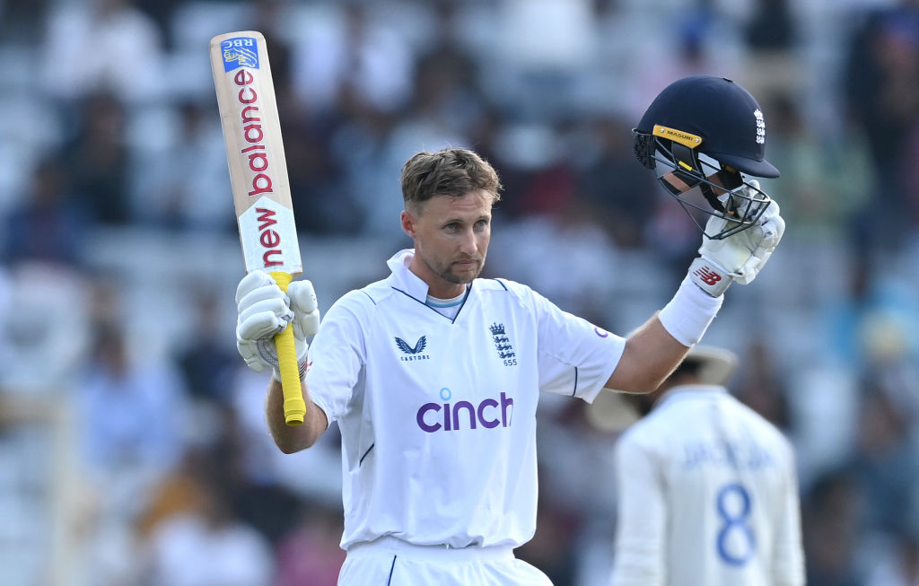RANCHI, INDIA - FEBRUARY 23: England batsman Joe Root celebrates his century during day one of the 4th Test Match between India and England at JSCA International Stadium Complex on February 23, 2024 in Ranchi, India. (Photo by Gareth Copley/Getty Images)
