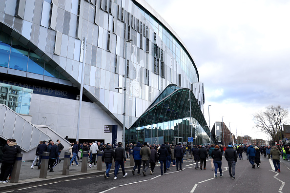 LONDON, ENGLAND - MARCH 02: General view outside the stadium as fans arrive prior to the Premier League match between Tottenham Hotspur and Crystal Palace at the Tottenham Hotspur Stadium on March 02, 2024 in London, England. (Photo by Richard Pelham/Getty Images)