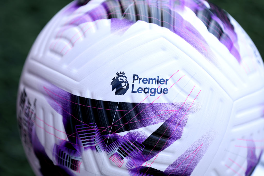BURNLEY, ENGLAND - MARCH 03: A detailed view of the Premier League logo on the Nike Flight 2024 Premier League Match Ball prior to the Premier League match between Burnley FC and AFC Bournemouth at Turf Moor on March 03, 2024 in Burnley, England. (Photo by Alex Livesey/Getty Images)