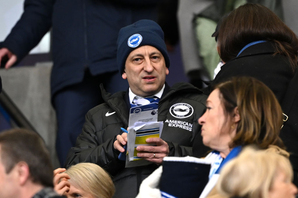 BRIGHTON, ENGLAND - MARCH 10: Tony Bloom, Chairman of Brighton & Hove Albion, looks on from the stands prior to the Premier League match between Brighton & Hove Albion and Nottingham Forest at the American Express Community Stadium on March 10, 2024 in Brighton, England. (Photo by Mike Hewitt/Getty Images)
