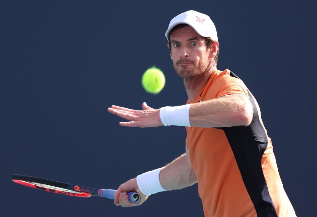 MIAMI GARDENS, FLORIDA - MARCH 24:  Andy Murray of Great Britain returns a shot against Tomas Machac of the Czech Republic on Day 9 of the Miami Open at Hard Rock Stadium on March 24, 2024 in Miami Gardens, Florida. (Photo by Al Bello/Getty Images)