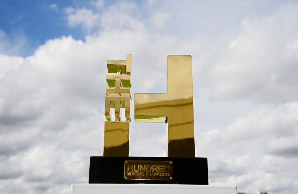 LONDON, ENGLAND - APRIL 02: The Hundred Trophy is seen at The Kia Oval on April 02, 2024 in London, England. (Photo by Alex Davidson - ECB/ECB via Getty Images)