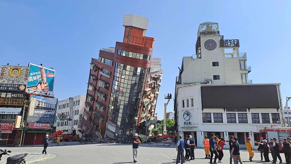 HUALIEN, CHINA - APRIL 03: A red building is partially collapsed after a powerful 7.3-magnitude earthquake rocked the entire island on April 3, 2024 in Hualien County, Taiwan of China. A major earthquake has hit the east coast of Taiwan with a magnitude of 7.3, the strongest on the island in 25 years. (Photo by VCG/VCG via Getty Images)