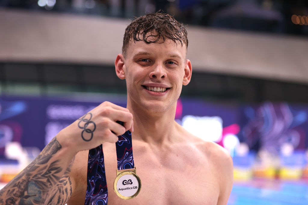LONDON, ENGLAND - APRIL 04: Matthew Richards of Millfield celebrates with his medal after winning the Men's 100m Freestyle Paris final during day three of the British Swimming Championships 2024 on April 04, 2024 in London, England. (Photo by Alex Pantling/Getty Images)