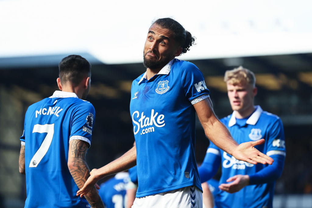 LIVERPOOL, ENGLAND - APRIL 06: Dominic Calvert-Lewin of Everton celebrates scoring his team's first goal during the Premier League match between Everton FC and Burnley FC at Goodison Park on April 06, 2024 in Liverpool, England. (Photo by Matt McNulty/Getty Images) (Photo by Matt McNulty/Getty Images)