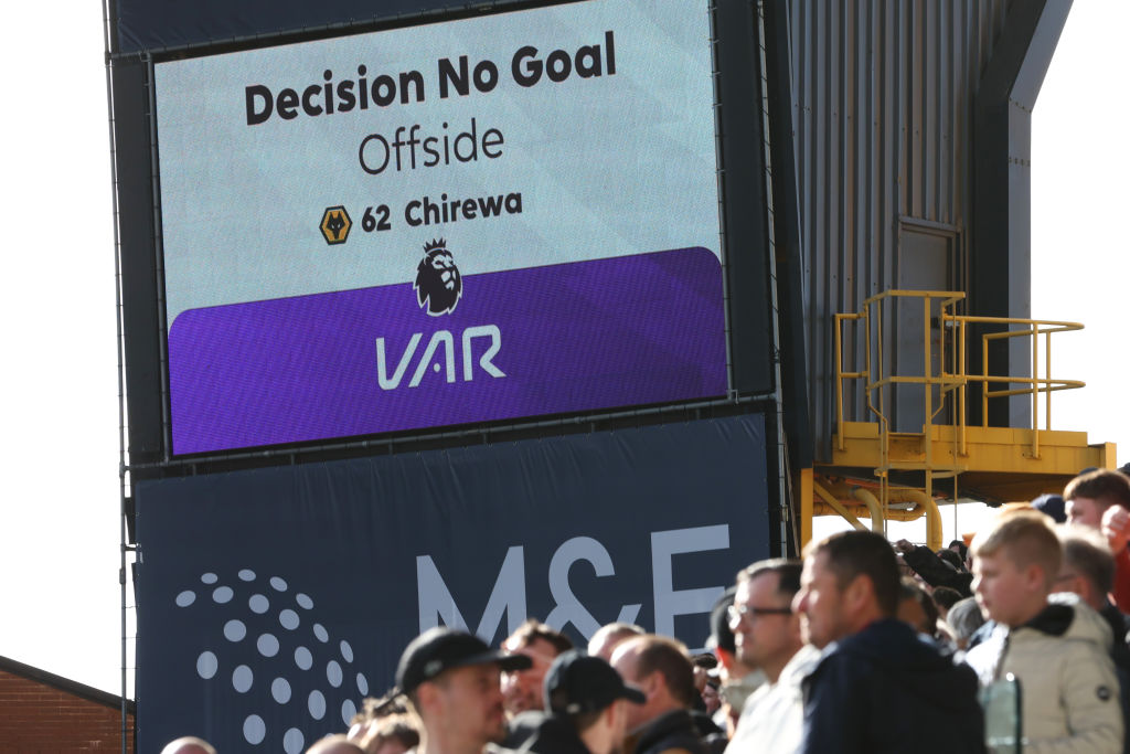 WOLVERHAMPTON, ENGLAND - APRIL 06: The LED board shows the decision to disallow Wolverhampton Wanderers' second goal scored by Max Kilman (not pictured) due to an offside on Tawanda Chirewa (not pictured) during the Premier League match between Wolverhampton Wanderers and West Ham United at Molineux on April 06, 2024 in Wolverhampton, England. (Photo by Matthew Lewis/Getty Images) (Photo by Matthew Lewis/Getty Images)