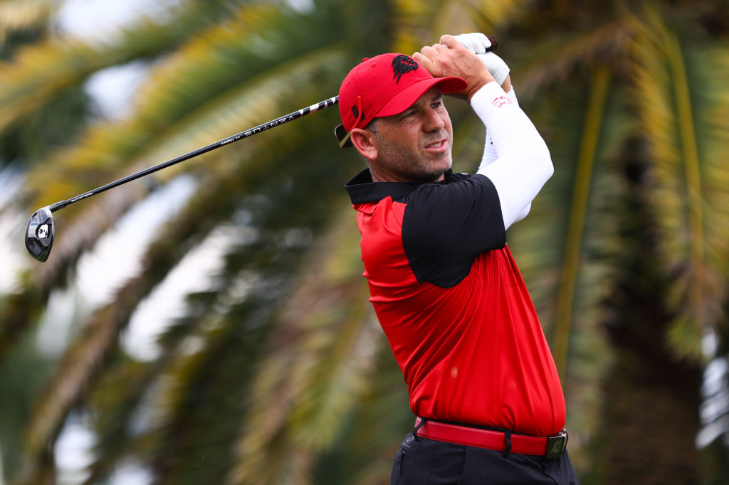 DORAL, FLORIDA - APRIL 07: Captain Sergio Garcia of Fireballs GC plays his shot from the sixth tee during day three of the LIV Golf Invitational - Miami at Trump National Doral Miami on April 07, 2024 in Doral, Florida. (Photo by Megan Briggs/Getty Images)