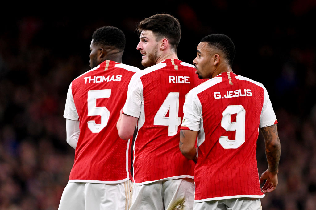 LONDON, ENGLAND - APRIL 09: Thomas Partey, Declan Rice and Gabriel Jesus of Arsenal look on during the UEFA Champions League quarter-final first leg match between Arsenal FC and FC Bayern München at Emirates Stadium on April 09, 2024 in London, England. (Photo by Mike Hewitt/Getty Images)