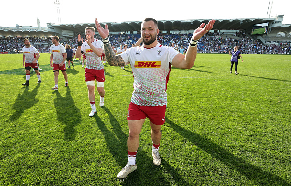 BORDEAUX, FRANCE - APRIL 13:  Simon Kerrod of Harlequins celebrates after their victory during the Investec Champions Cup Quarter Final match between Union Bordeaux Begles and Harlequins at Stade Chaban-Delmas on April 13, 2024 in Bordeaux, France. (Photo by David Rogers/Getty Images)