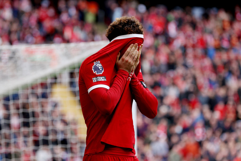 LIVERPOOL, ENGLAND - APRIL 14: Curtis Jones of Liverpool reacts after a missed chance during the Premier League match between Liverpool FC and Crystal Palace at Anfield on April 14, 2024 in Liverpool, England. (Photo by Michael Steele/Getty Images)