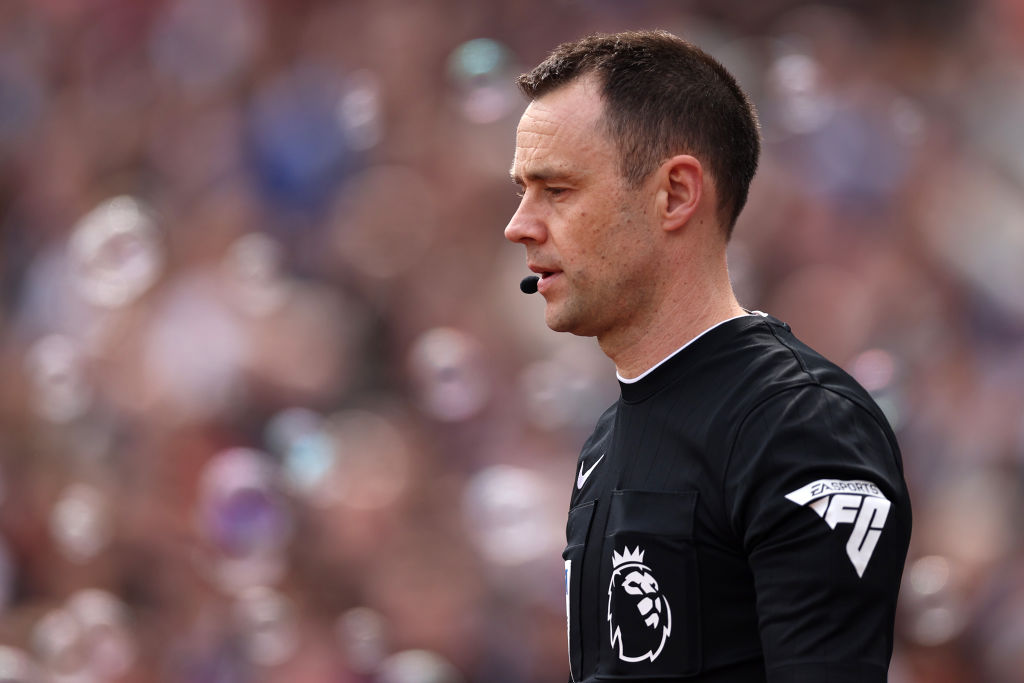 LONDON, ENGLAND - APRIL 14: Referee Stuart Attwell during the Premier League match between West Ham United and Fulham FC at London Stadium on April 14, 2024 in London, England. (Photo by Alex Pantling/Getty Images) (Photo by Alex Pantling/Getty Images)