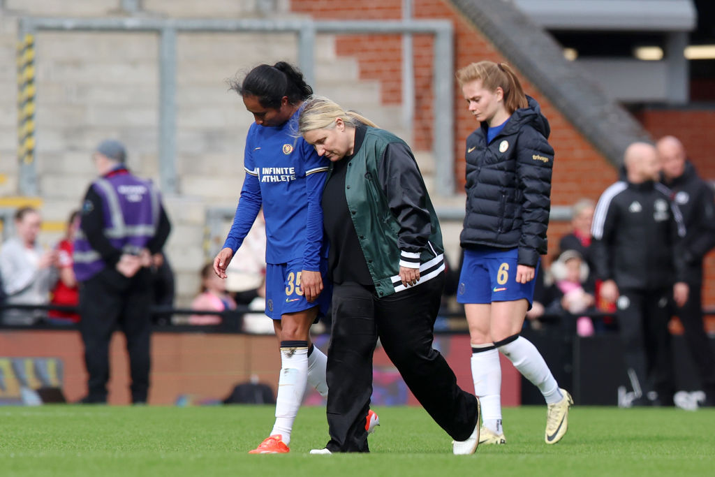 LEIGH, ENGLAND - APRIL 14: Mayra Ramirez and Emma Hayes, Manager of Chelsea, look dejected after the team's defeat during the Adobe Women's FA Cup Semi Final match between Manchester United and Chelsea at Leigh Sports Village on April 14, 2024 in Leigh, England. (Photo by Nathan Stirk/Getty Images)