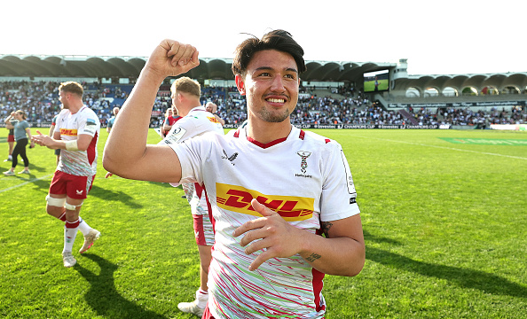 BORDEAUX, FRANCE - APRIL 13:  Marcus Smith of Harlequins celebrates victory during the Investec Champions Cup Quarter Final match between Union Bordeaux Begles and Harlequins at Stade Chaban-Delmas on April 13, 2024 in Bordeaux, France. (Photo by David Rogers/Getty Images)