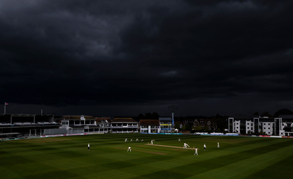 CANTERBURY, ENGLAND - APRIL 19: A general view as play gets underway as storm clouds gather during the Vitality County Championship match between Kent and Surrey at The Spitfire Ground on April 19, 2024 in Canterbury, England. (Photo by Justin Setterfield/Getty Images)