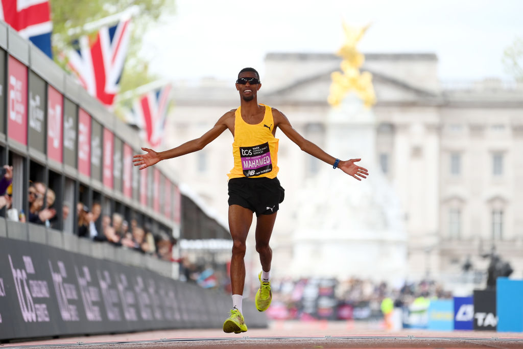 LONDON, ENGLAND - APRIL 21: Mahamed Mahamed of Great Britain crosses the finish line in the Men's elite race during the 2024 TCS London Marathon on April 21, 2024 in London, England. (Photo by Alex Davidson/Getty Images)