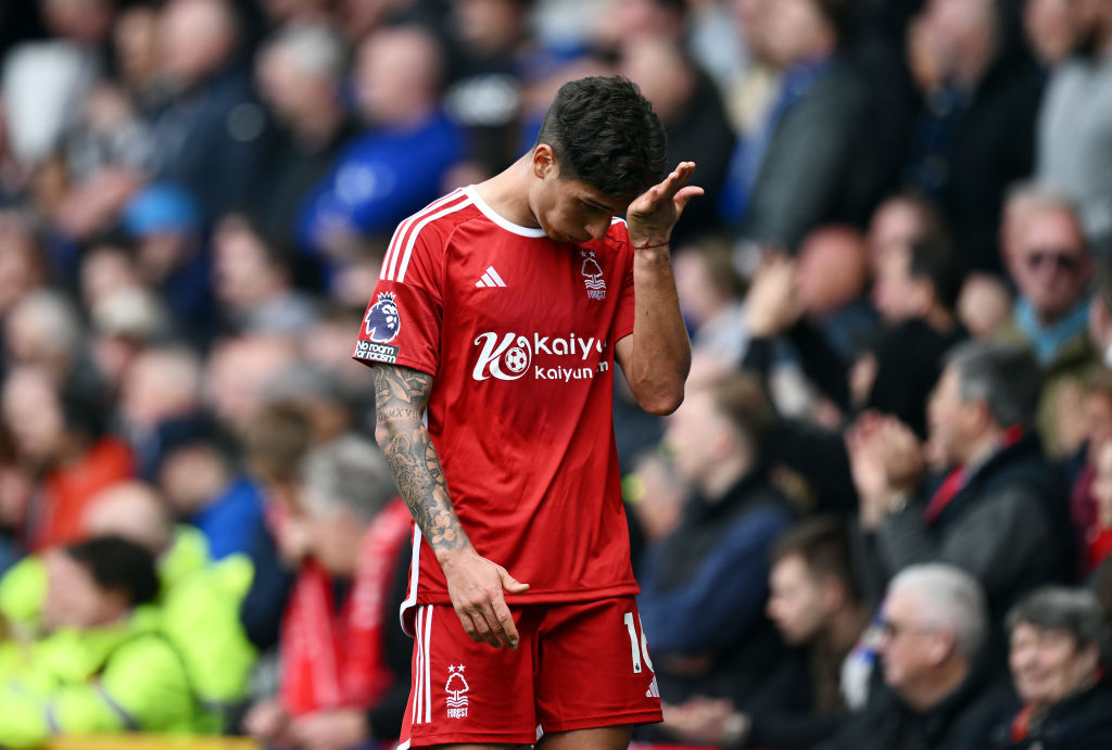 LIVERPOOL, ENGLAND - APRIL 21: Nicolas Dominguez of Nottingham Forest reacts during the Premier League match between Everton FC and Nottingham Forest at Goodison Park on April 21, 2024 in Liverpool, England. (Photo by Gareth Copley/Getty Images)