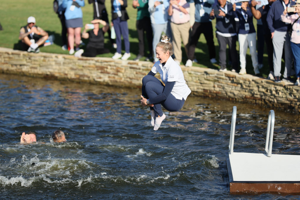 Nelly Korda leapt into water to celebrate winning the Chevron Championship and equalling an LPGA Tour record for consecutive wins