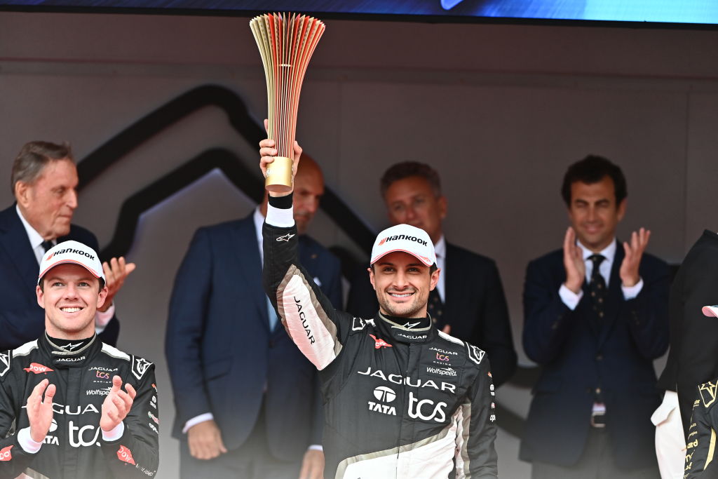 MONTE CARLO, MONACO - APRIL 27: (EDITOR'S NOTE: This Handout image was provided by a third-party organization and may not adhere to Getty Images' editorial policy.) In this handout from Jaguar Racing, Mitch Evans, Jaguar TCS Racing, 1st position, lifts the winners trophy during the Monaco E-Prix, round 8 of the 2024 FIA Formula E World Championship at Circuit de Monaco on April 27, 2024 in Monte Carlo, Monaco. (Photo by Jaguar Racing via Getty Images)