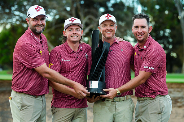 ADELAIDE, AUSTRALIA - APRIL 28:  Marc Leishman ,Cameron Smith captain ,  Matt Jones and  Lucas Herbert of the Ripper GC celebrate with the Team trophy after winning the LIV Adelaide at The Grange Golf Club on April 28, 2024 in Adelaide, Australia. (Photo by Mark Brake/Getty Images)