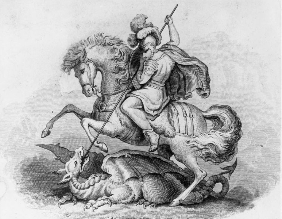 Circa 300 AD, St George, patron saint of England and Portugal, slaying the dragon