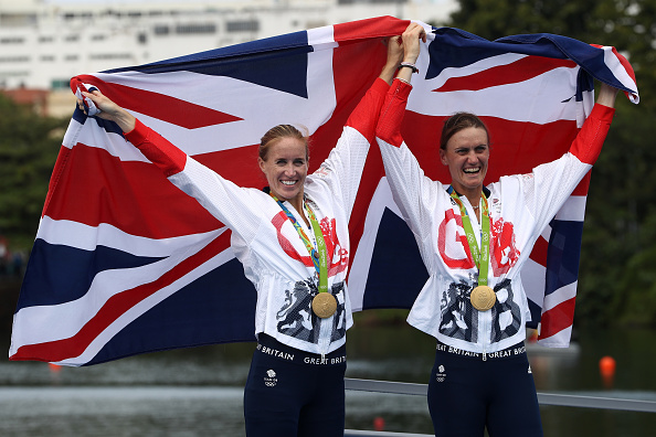 RIO DE JANEIRO, BRAZIL - AUGUST 12:  Gold medalists Helen Glover (L) and Heather Stanning (R) of Great Britain pose for photographs after the medal ceremony for the Women's Pair on Day 7 of the Rio 2016 Olympic Games at Lagoa Stadium on August 12, 2016 in Rio de Janeiro, Brazil.  (Photo by Phil Walter/Getty Images)