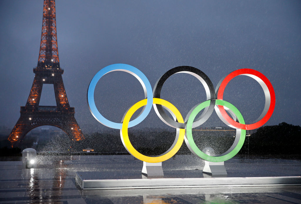 Olympic rings in front of the Eiffel Tower ahead of the Paris 2024 Olympics and Paralympics