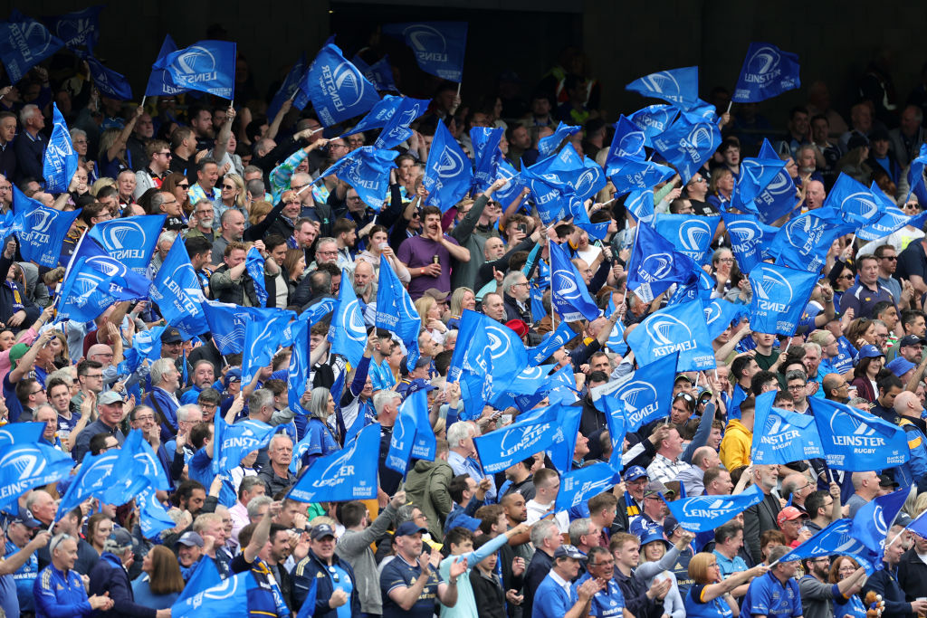DUBLIN, IRELAND - MAY 20: Leinster fans show their support during the Heineken Champions Cup Final match between Leinster Rugby and Stade Rochelais at Aviva Stadium on May 20, 2023 in Dublin, Ireland. (Photo by David Rogers/Getty Images)