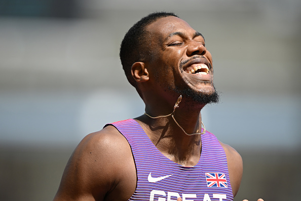 BUDAPEST, HUNGARY - AUGUST 23: Zharnel Hughes of Team Great Britain reacts after winning the Men's 100m Heats during day five of the World Athletics Championships Budapest 2023 at National Athletics Centre on August 23, 2023 in Budapest, Hungary. (Photo by Hannah Peters/Getty Images)