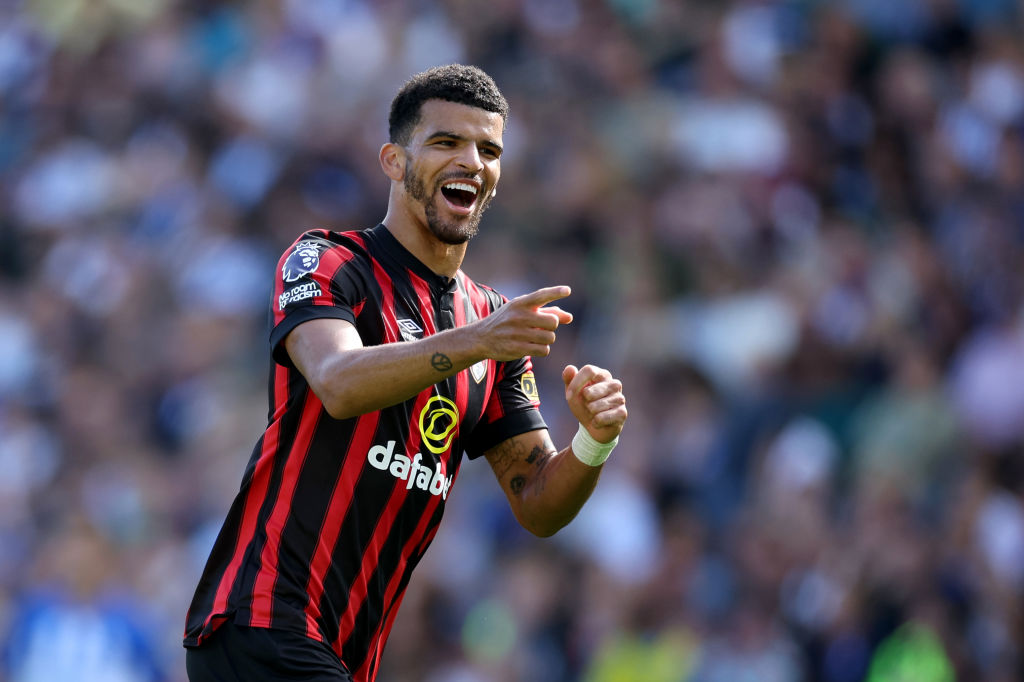 BRIGHTON, ENGLAND - SEPTEMBER 24: Dominic Solanke of AFC Bournemouth celebrates after scoring the team's first goal during the Premier League match between Brighton & Hove Albion and AFC Bournemouth at American Express Community Stadium on September 24, 2023 in Brighton, England. (Photo by Eddie Keogh/Getty Images)