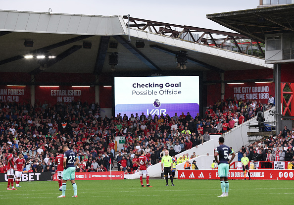 NOTTINGHAM, ENGLAND - OCTOBER 01: The LED screen shows that VAR is checking for an offside goal scored by Christian Noergaard of Brentford which later stands for Brentford's first goal during the Premier League match between Nottingham Forest and Brentford FC at City Ground on October 01, 2023 in Nottingham, England. (Photo by Alex Livesey/Getty Images)