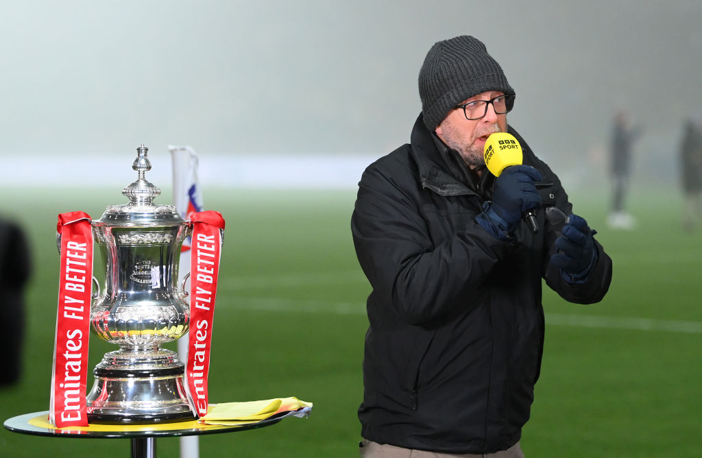 YORK, ENGLAND - DECEMBER 01: BBC Television and Radio Presenter Mark Chapman on the mic during the Emirates FA Cup Second Round match between York City and Wigan Athletic at LNER Community Stadium on December 01, 2023 in York, England. (Photo by Stu Forster/Getty Images)