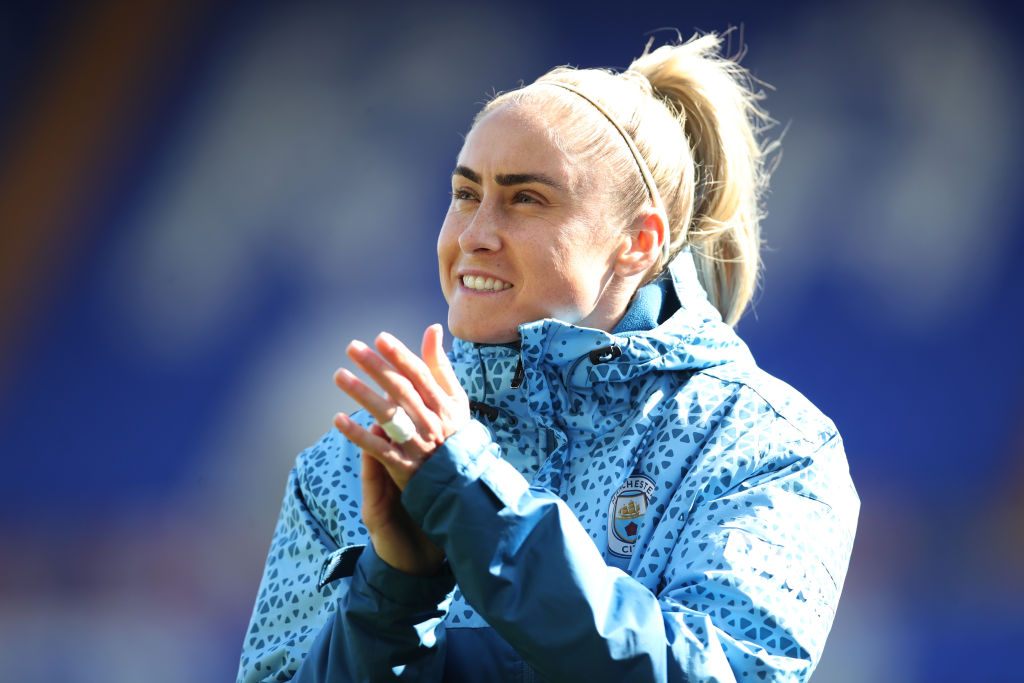 BIRKENHEAD, ENGLAND - MARCH 30: Steph Houghton of Manchester City applauds the fans following the team's victory during the Barclays Women´s Super League match between Liverpool FC  and Manchester City at Prenton Park on March 30, 2024 in Birkenhead, England. (Photo by Jess Hornby/Getty Images)